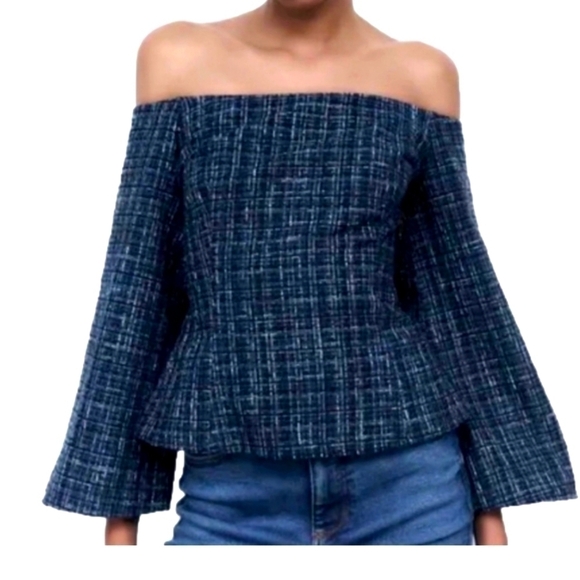 Zara Tops - Women's Blue Tweed Textured Off The Shoulder Top Peplum Fit Size XL